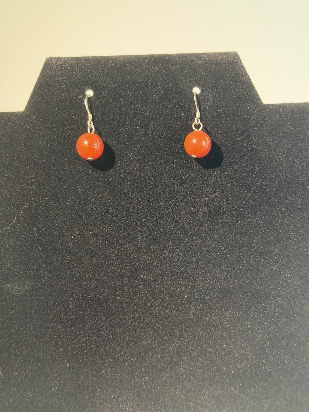 Natural VTG Red Carnelian Agate Bead Dangle Earrings 925 Sterling Silver Hooks